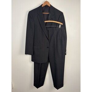 Hart Schaffner Marx Mens 41L 2 Piece Suit Pleated Cuffed Dark Gray Wool Woolmark